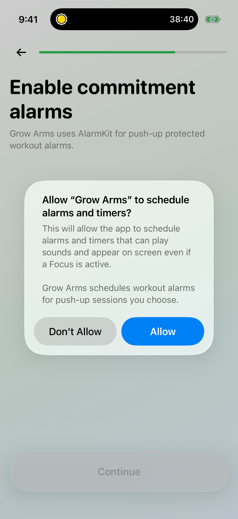 Grow Arms asking for permission to schedule push-up protected alarms