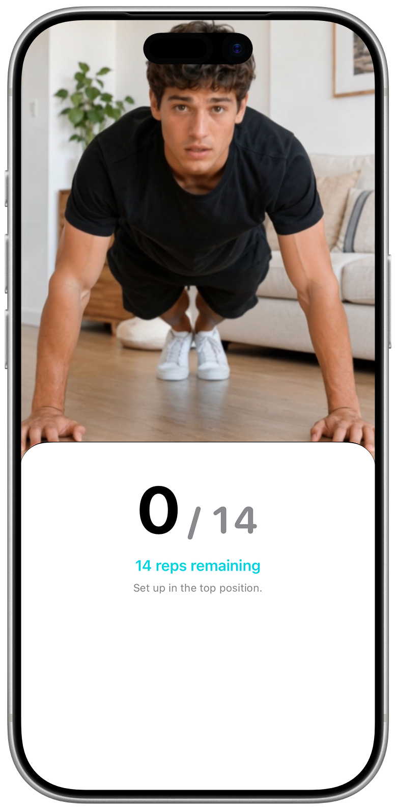 Grow Arms camera challenge shown inside an iPhone frame with a push-up setup and 14 remaining repetitions