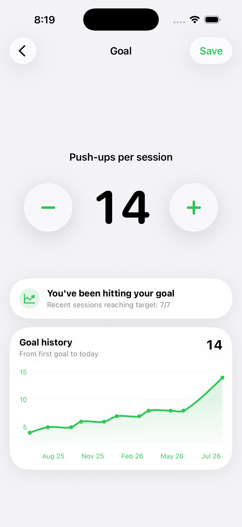 Grow Arms goal screen showing a 14 push-up target and goal history chart
