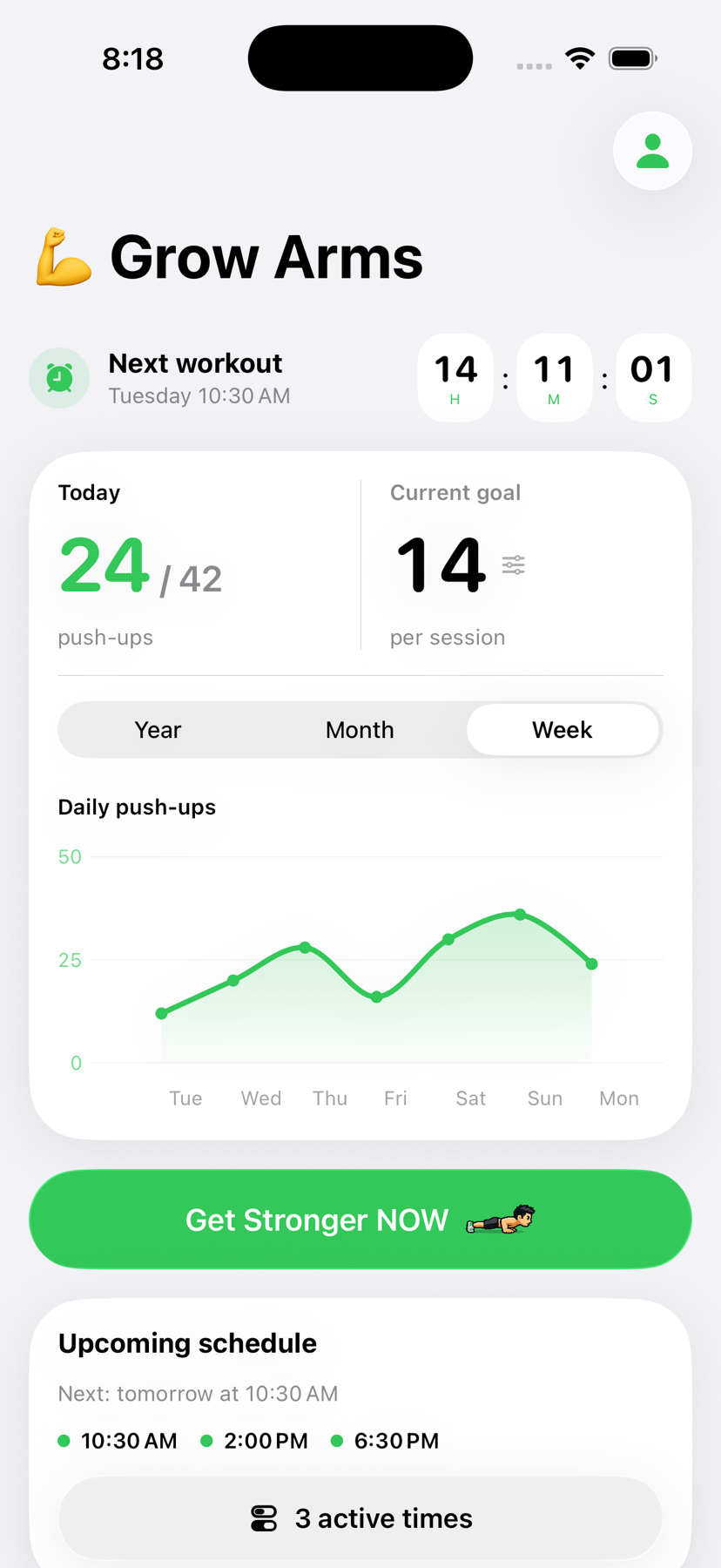Grow Arms Home screen showing the next workout, daily push-ups, current goal, progress chart, and upcoming schedule