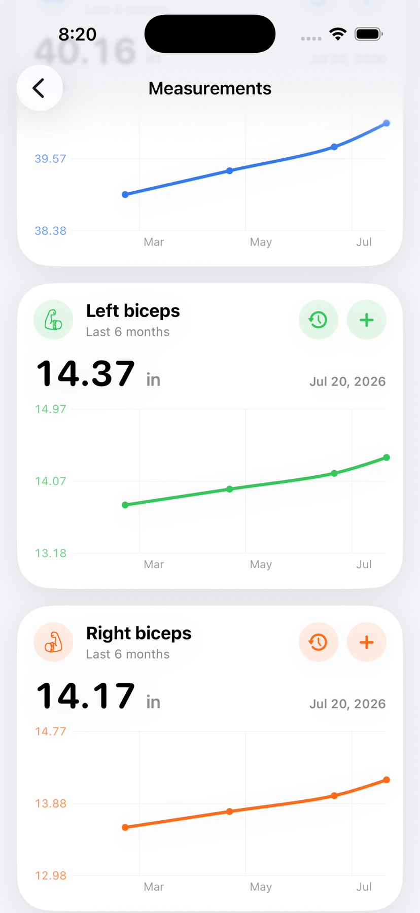 Grow Arms Measurements screen showing left and right biceps history charts