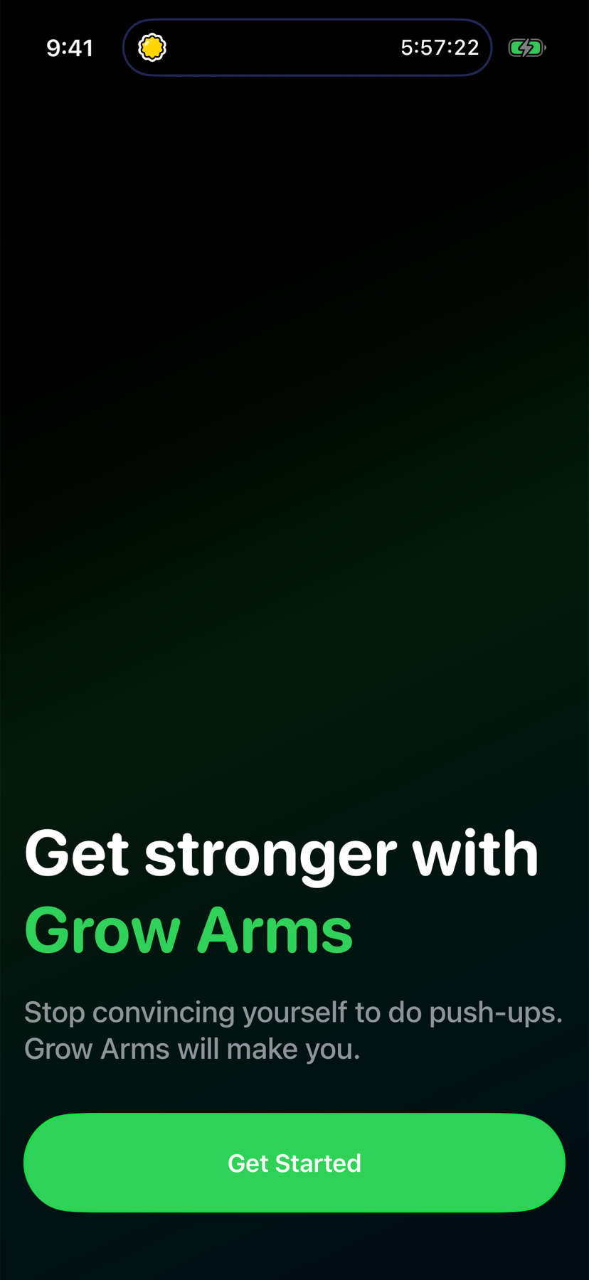 Grow Arms onboarding screen with the message Get stronger with Grow Arms