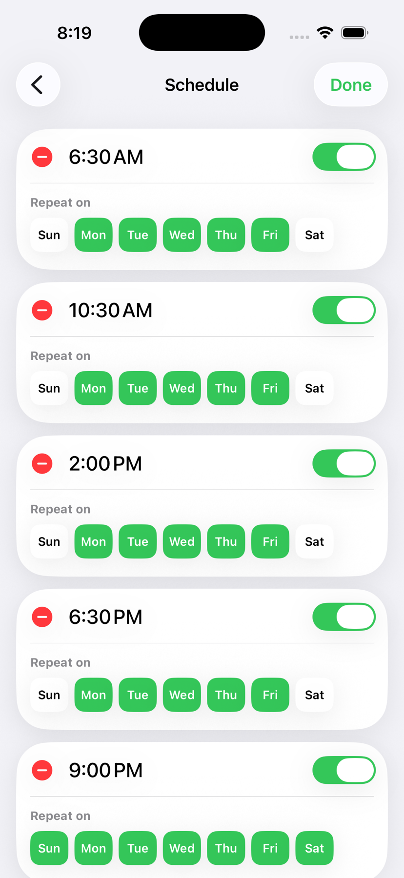Grow Arms Schedule screen with several enabled weekday workout times